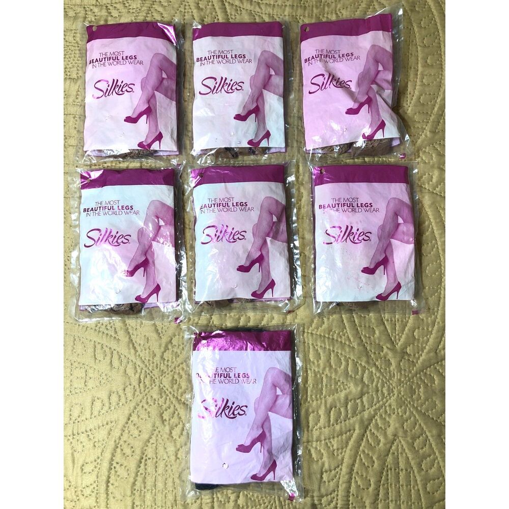 Lot 7 Vintage Y2K Silkies Control Top Pantyhose Nude Natural Off Black USA Sz M